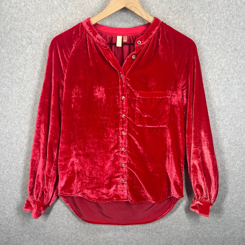 Pilcro Velvet Button Down Blouse Womens XS Red Long Sleeve Pocket EUC